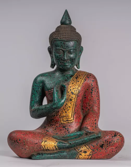 Antique Khmer Style Cambodia Seated Wood Buddha Statue Teaching Mudra - 32cm/13"