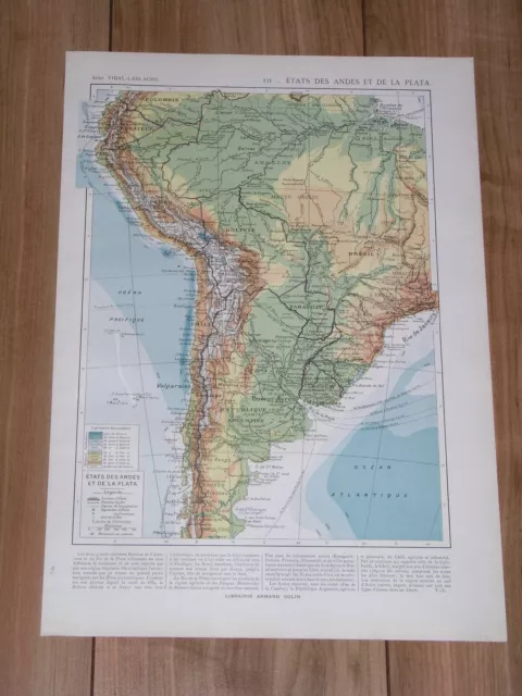 1925 Vintage Physical Map Of South America Peru Chile Brazil Argentina