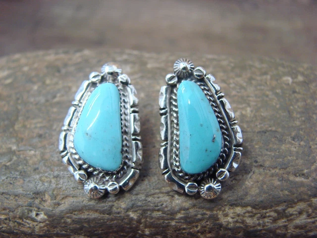 Navajo Indian Sterling Silver & Turquoise Post Earrings by Spencer