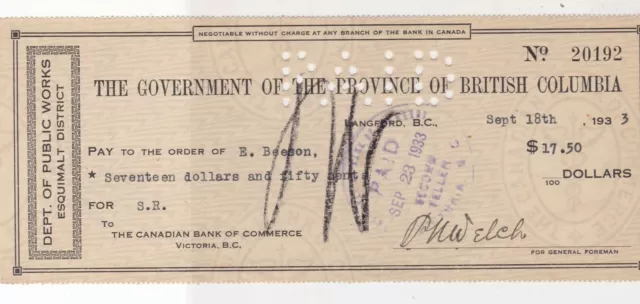 British Columbia 18th Sept 1933 Stamped Cheque to Bank of Commerce Ref 26722