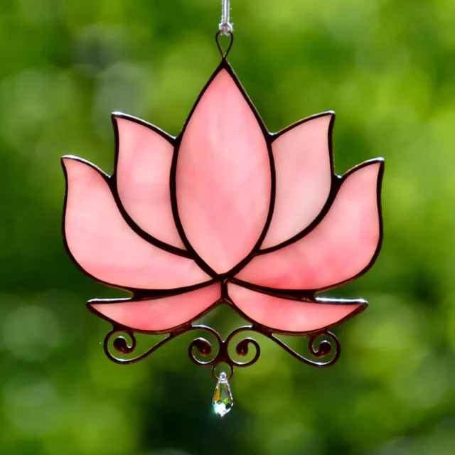 Stained glass pink lotus suncatcher, flower windows hangings, yoga lover gift