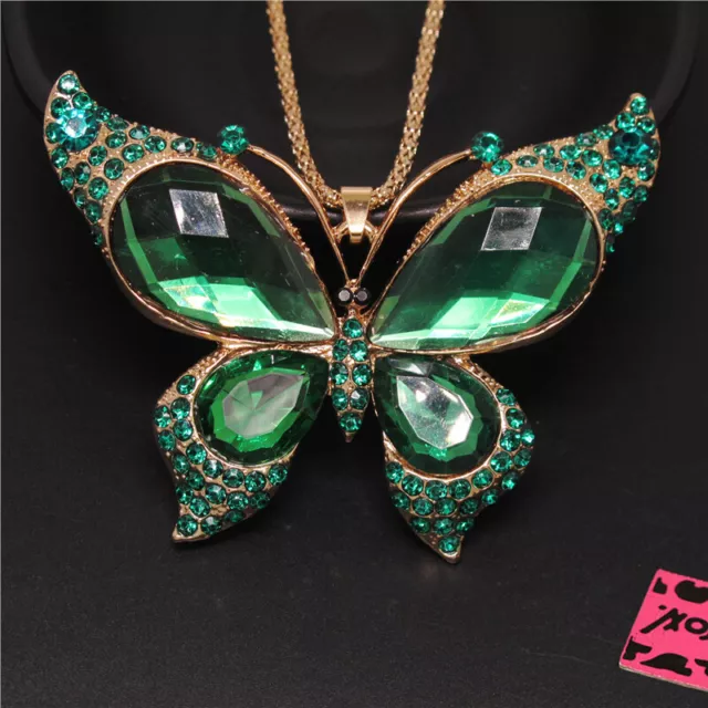 New Betsey Johnson Cute Green Butterfly Large Crystal Pendant Chain Necklace