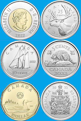 Complete Set of 6 2022 Canada Coins Loonie Toonie. Mint UNC $2 $1 50c 25c 10c 5c