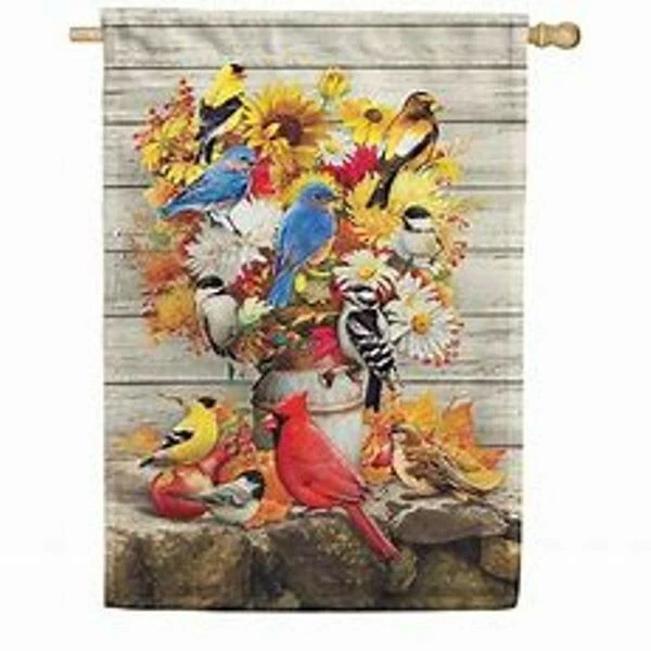Fall Flowers & Birds, Mums, Cardinals Garden Flag 12"x18", Custom Decor, 2 Sided