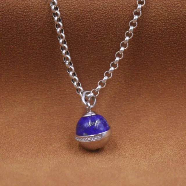 Real S925 Sterling Silver Natural Lapis Lazuli Lucky Make Sound Bell Pendant