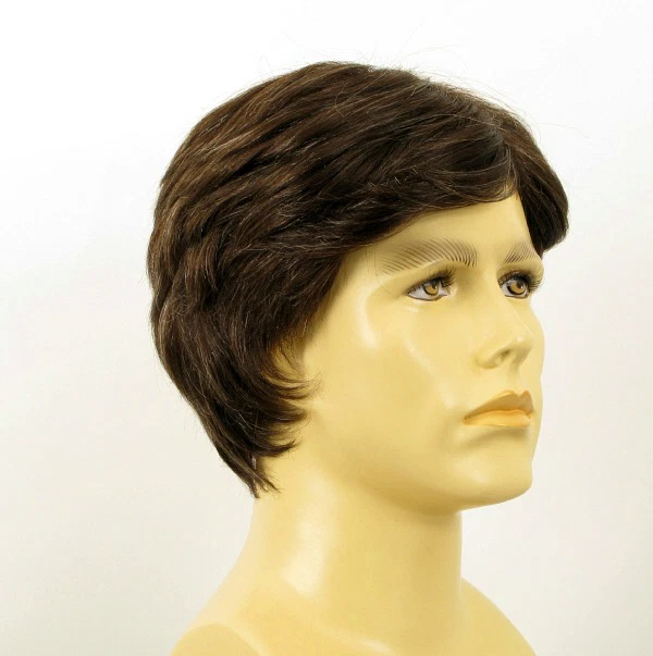 Perruque Homme 100% Cheveux Naturels Châtain - Courte, Raie Libre, Neuve Avec étiquettes