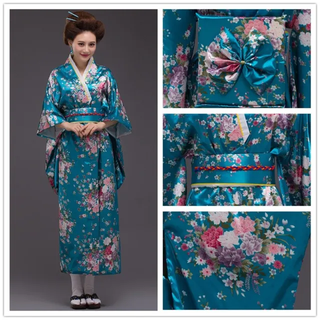 Lady Floral Japanese Kimono Satin Robe Yukata Geisha Costume Show Cosplay Soft 4