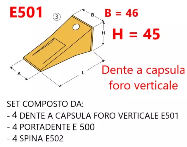 Kit 4 Denti E Portadenti A Capsula Per Benne Esti E501 Escavatori Foro Verticale