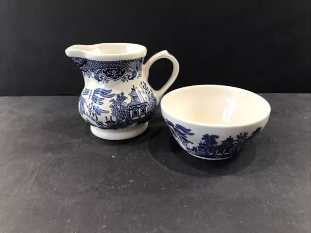 Vintage Churchill England Blue And White Willow Pattern Cream Jug And Sugar Bowl