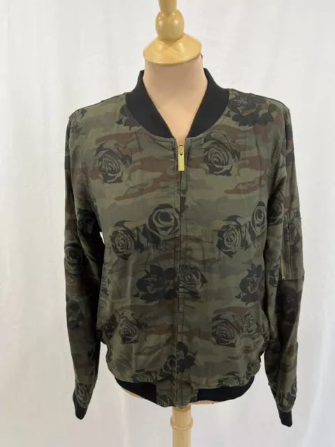 SANCTUARY Women’s Size Medium Army Green Floral Camo Bomber Jacket Roses Zip