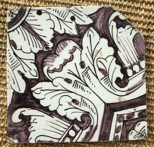 Antique 18C Dutch Delft Manganese Tile Featuring Flowers, And Acanthus Leaves