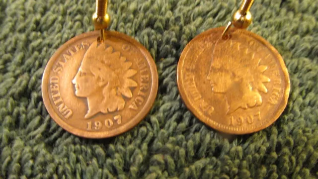 Eastern Woodlands 1 Pr. Indian Head Penny Coin Earrings Gold Plated Ear wires