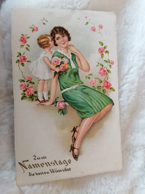 &amp;ZUM NAMENSTAGE&amp; 1930 gelaufen Glückwunschkarte Postkarte KITSCH HERZIG ...