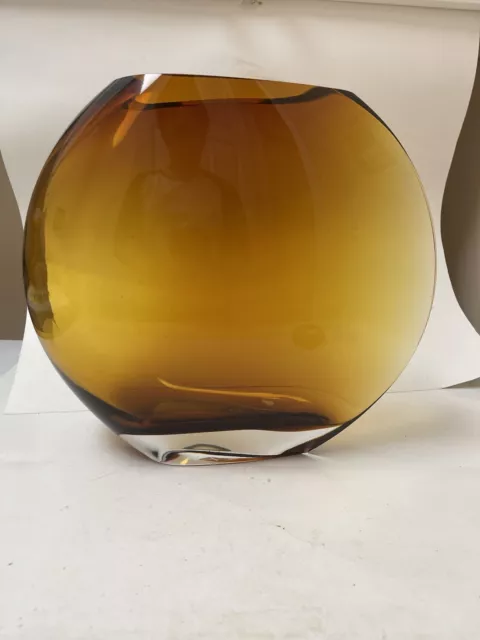 VERY RARE HUGE Krosno Poland Modernist Round Thick Art Glass Amber Vase