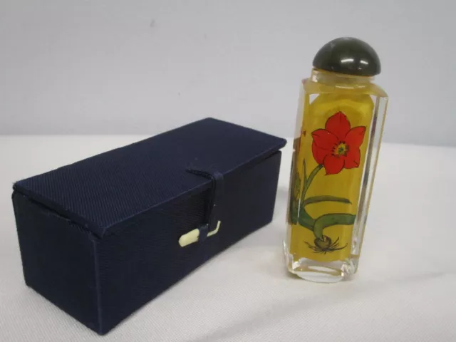 CHINESE GLASS INTERIOR HAND PAINTED SNUFF BOTTLE with RED TULIP FLOWERS w CASE
