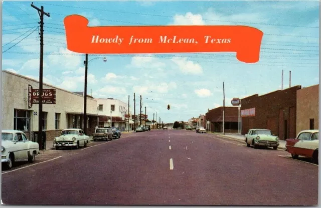 Vintage 1950s McLean, Texas Postcard Main Street Downtown Scene / Route 66