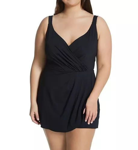 Anne Cole BLACK Plus Size Live In Color Surplice Mio Swim Dress, US 18W