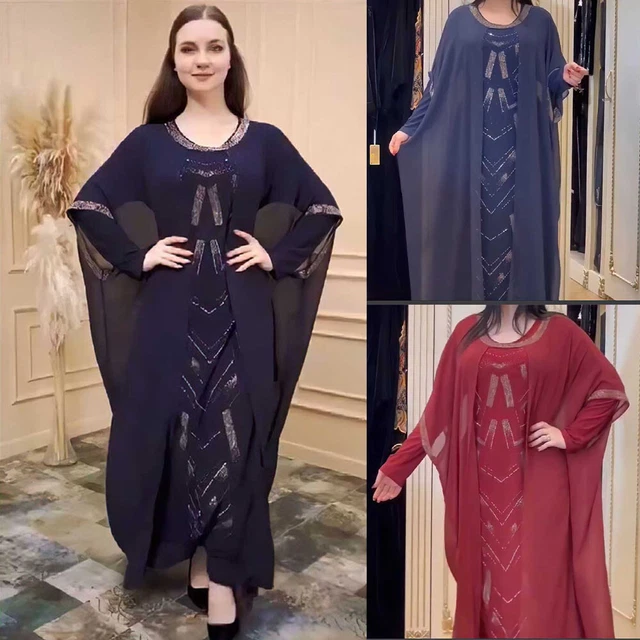2pcs Muslim Abaya Chiffon Maxi Dress African Dashiki Women Moroccan Kaftan Robe