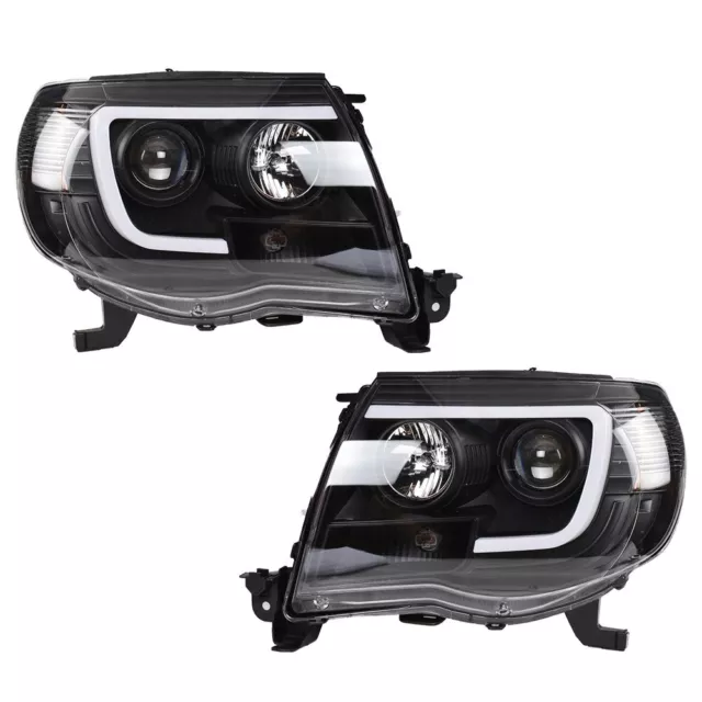 For 2005-2011 Toyota Tacoma Black LED Tube Projector Headlights Headlamp Pair