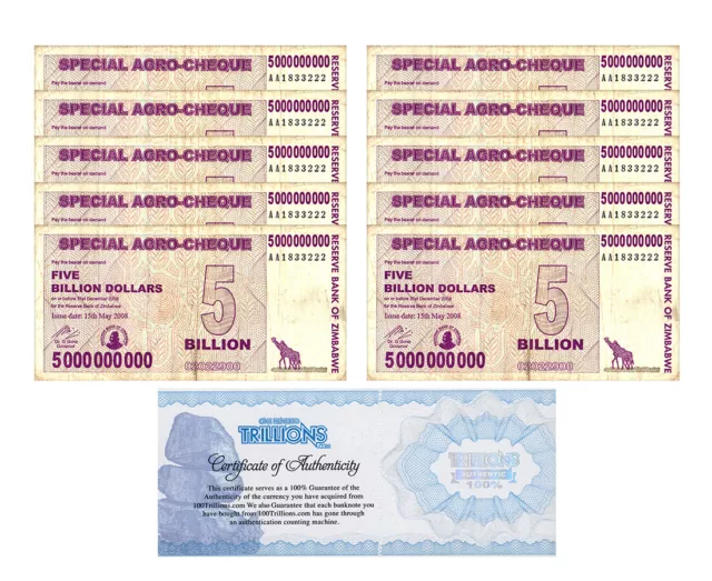 10 Zimbabwe 5 Billion Special Agro Cheque banknote 2008, P-61 USED COA