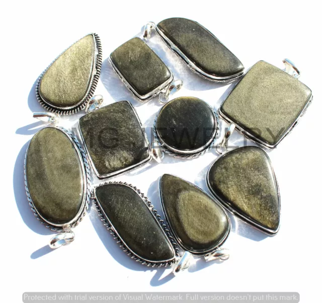 5 Pièces Lot Naturel Goldsheen Obsidienne Pierre 925 Plaqué Argent Pendentif