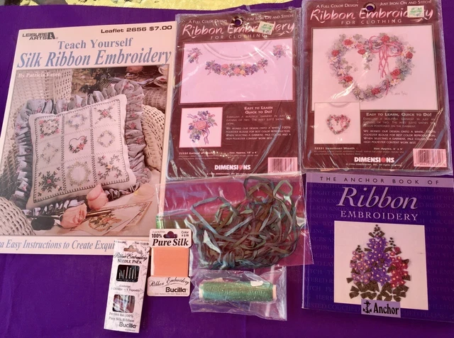 Lote de bordados de cinta de seda - libros, kits, cintas y agujas