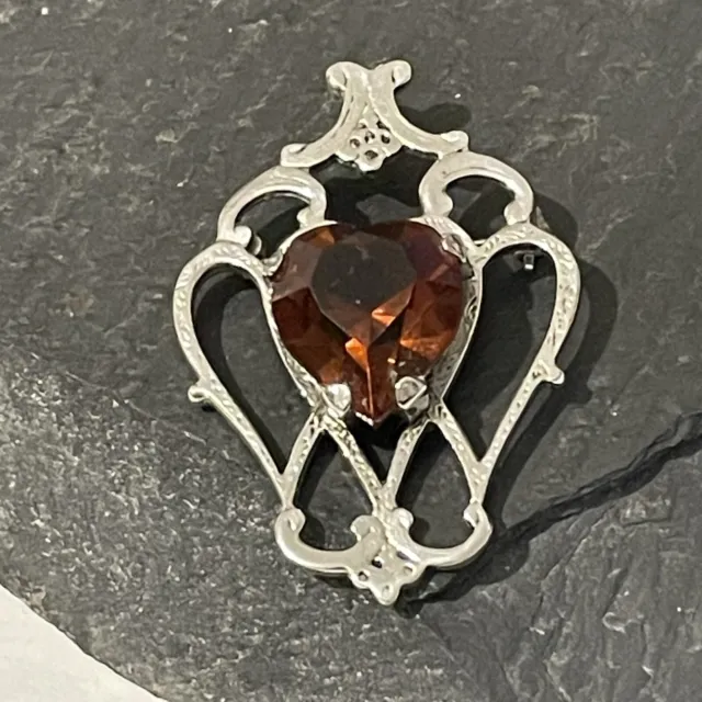 Vintage Celtic Style Brooch With Heart Glass Marked Scotland Valentines Gift Vgc