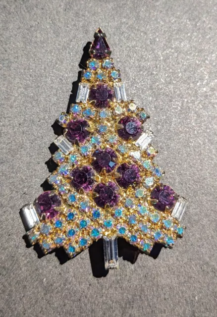 Eisenberg Ice Christmas tree pin brooch. Clear Rhinestones With Purple