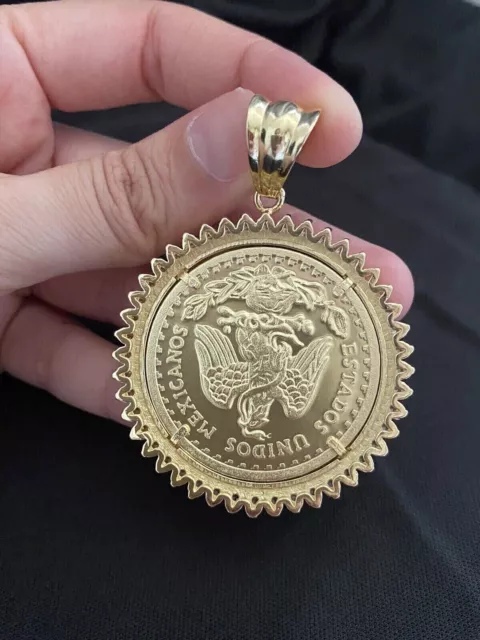 14K Yellow Gold FN 50 Pesos Moneda Mexican Coin CENTENARIO Pendant Lab Created