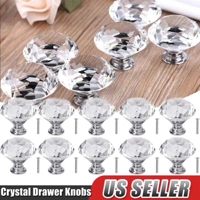 10Pcs Crystal Glass Cabinet Knob Diamond Shape 30mm Drawer Cupboard Handle Pull