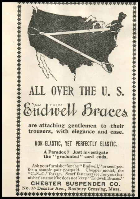 1898 Endwell Brace Men's Garter Suspender Trouser Belt U.S. Map Clothing Ad A027