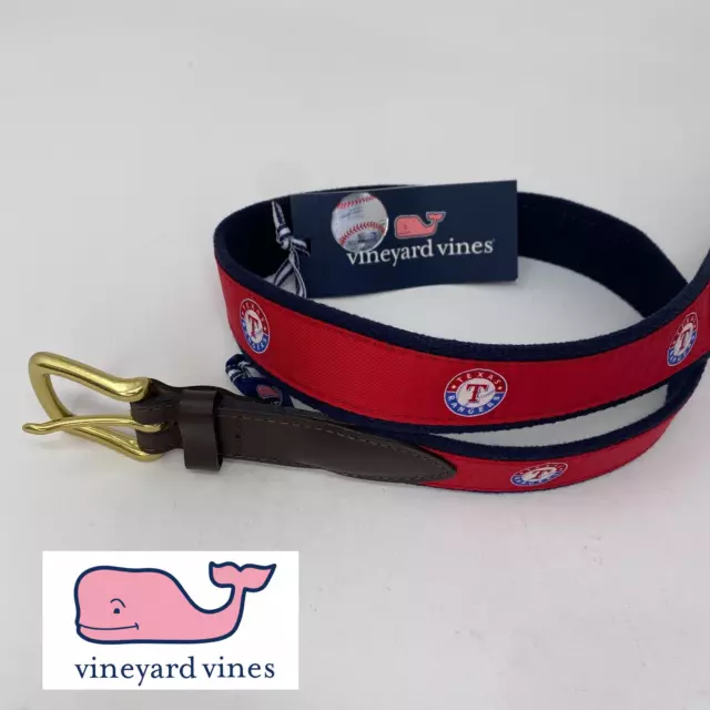 NWT Vineyard Vines Texas Rangers Belt 34 Red Brown MLB Baseball Whale Mens $58