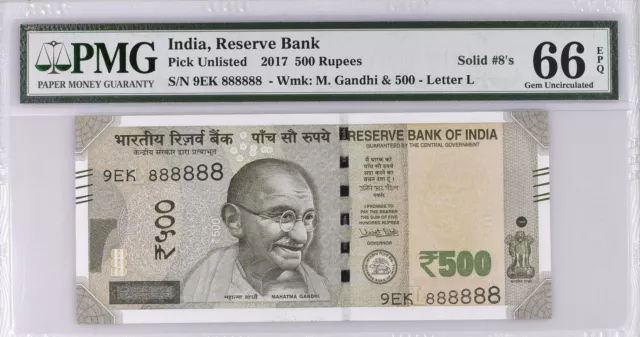 India 500 Rupees 2017 P 114 Gem UNC PMG 66 EPQ Fancy SOLID 8 - 888888 NR