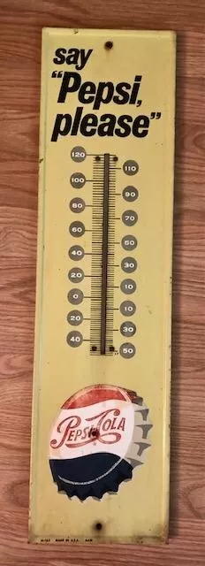 VINTAGE 1960'S ORIGINAL METAL SIGN,  say "PEPSI PLEASE" WITH WORKING THERMOMETER