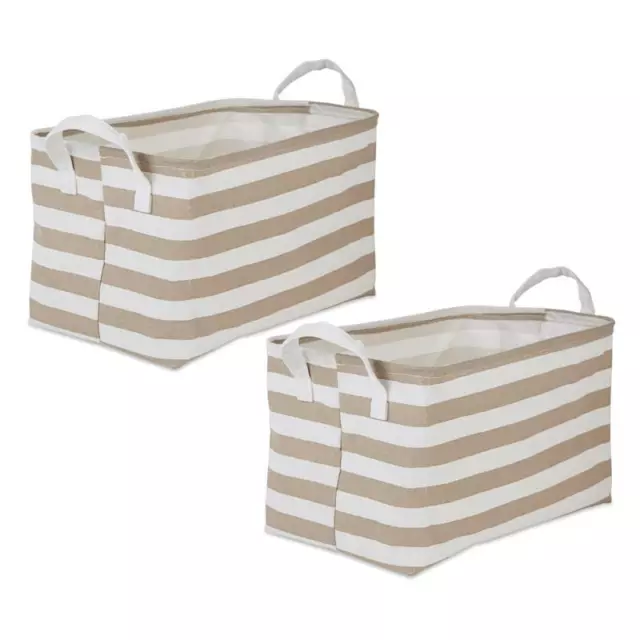 Cotton Polyester Laundry Bin Stripe Stone Rectangle L (Set of 2)