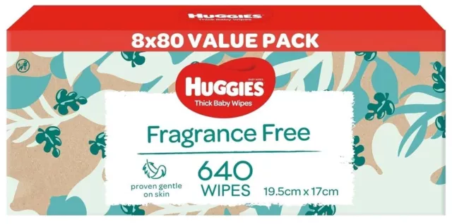 Huggies Thick Baby Wipes Fragrance Free 640 Pack (8 x 80 Pack)