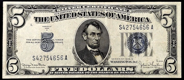 Series of 1934 D $5 Silver Certificate! Fr.# 1654. No pinholes! NO RESERVE!