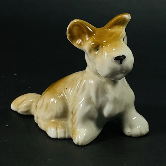 White Brown 🐾Terrier Puppy 🐾 Figurine Ceramic Dog Vintage 3” tall