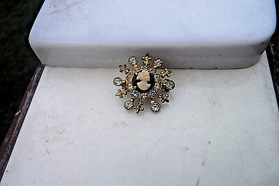 Vintage Costume Jewelry Snowflake Brooch Pin W/ 16 Faux Diamonds, Mini Cameo!