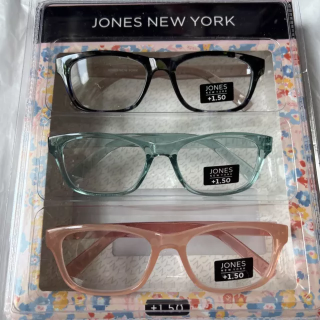 +1.50 JONES of New York Reading Glasses 3 Readers Clear BLUE PINK MARBLE free✈️