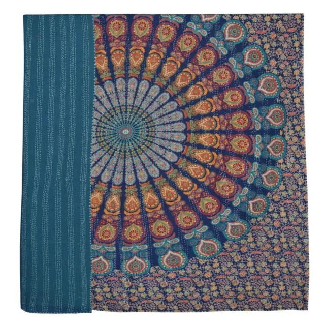 Colcha de algodón indio con diseño de mandala azul, colcha Kantha, manta,... 3