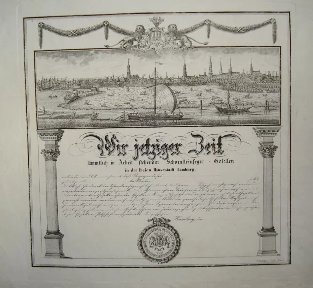 Hamburg Elbe Hafen Kundschaft der Schornsteinfeger Kupferstich Rolffsen 1726