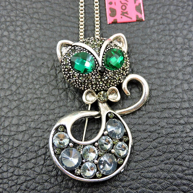 New Cute White Rhinestone Cat Crystal Pendant Betsey Johnson Chain Necklace