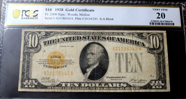 1928 $10 Ten Dollar Gold Certificate Note   Pcgs Very Fine 20  Fr# 2400 Aa