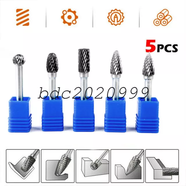 5PCS Tungsten Carbide 8mm 1/4" Rotary Point Burr Die Grinder Shank Drill Bits UK