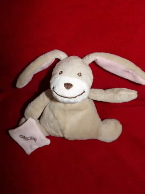 Doudou Peluche Obaibi Lapin Beige Ecru Mouchoir Rose  Etat Neuf