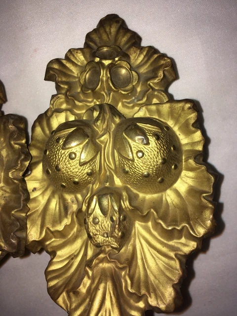 Pair￼ Antique Pressed Brass Curtain / Drape Tie-Backs, 7.5” H. Strawberry Design 2