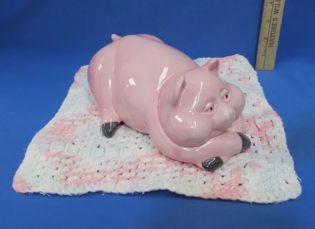Ceramic Pink Pig Laying Knitted Blanket Cute Hand Made Adorable Pink White