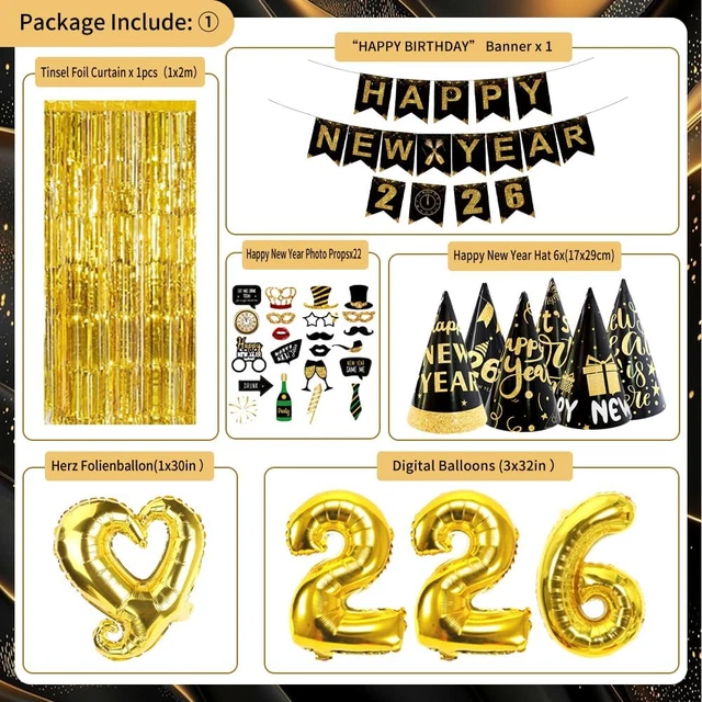 NEW YEARS EVE Party Supplies 2026, Black Gold 2026 Happy New Years ...