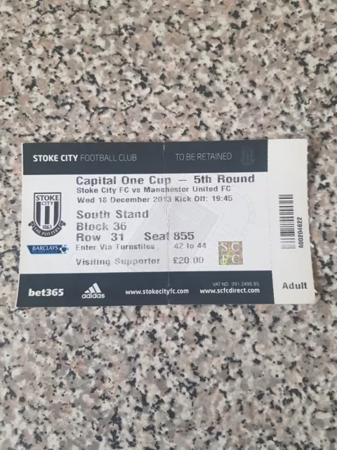 MATCH TICKET CAPITAL CUP 5° STOKE CITY V MAN UTD 18 dicembre 2013